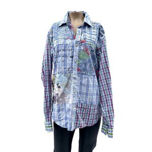 90's Desigual Long Sleeve Plaid Patchwork Floral Button Up‎ Shirt Unisex Mens M